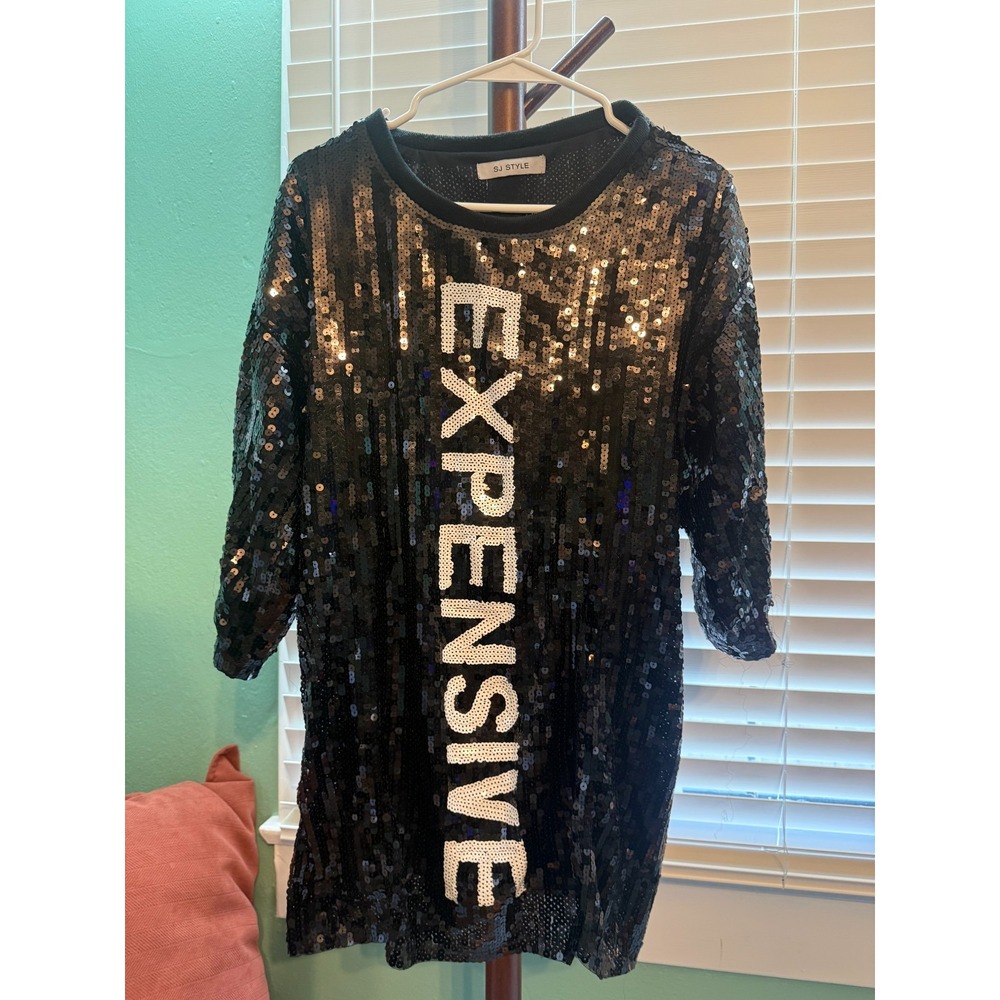 SJ Style Expensive Sequin Top Womens Black Silver Graphic Party Shirt XL